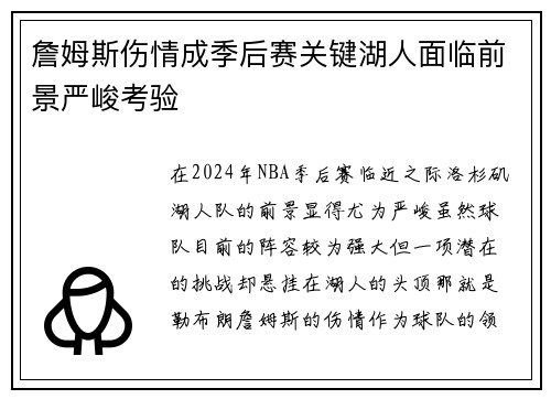 詹姆斯伤情成季后赛关键湖人面临前景严峻考验